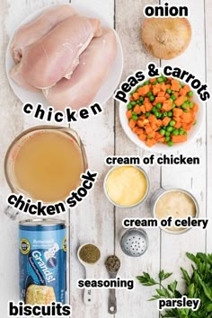 ingredients to make chicken broth laid out on a white wooden table with text overlay