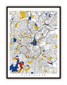 a framed map of the city of atlanta, with yellow and blue dots on it