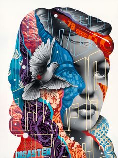 a woman's face is covered in colorful images and words, with a bird flying over her head