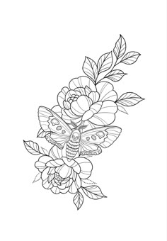 a black and white drawing of flowers with a butterfly on it's back side