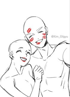 a drawing of two people with their faces painted red and one has his arm around the other's shoulder