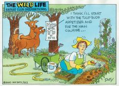 an image of a cartoon character working in the garden with deer and man behind him