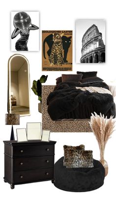 a collage of items including a bed, dresser and other things in black and white