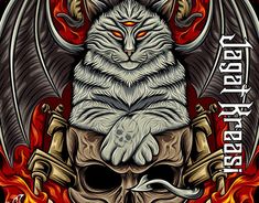 an image of a cat with wings on it's head and skull in the background