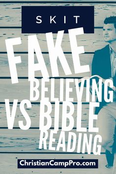 a man standing next to a wooden wall with the words fake believing vs bible reading