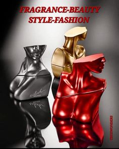 three different colors of perfume bottles with the caption, fragrance beauty style - fashion