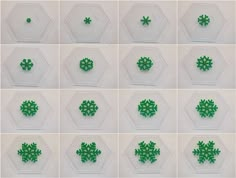 several pictures of green beads arranged in hexagonal shapes on white paper, each with four different colors