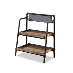 an iron and wood shelf with two shelves on each side, one holding a tray