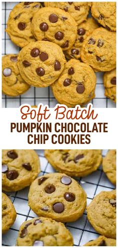 soft batch pumpkin chocolate chip cookies on a cooling rack with the words soft batch written above them