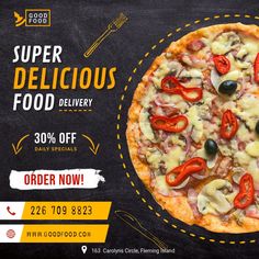 a pizza sitting on top of a blackboard covered in cheese and toppings with the words super delicious food delivery