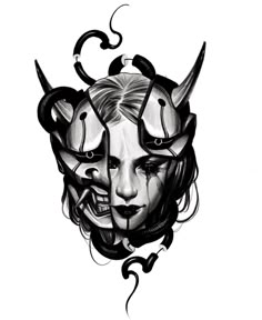 a drawing of a woman's face with horns and horns on her head,