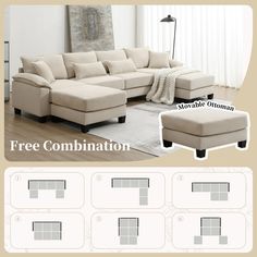 the sectional couch is shown with four separate sections for each section, and three additional pieces for