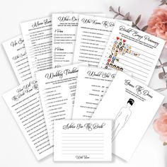 six wedding program cards with flowers on the side