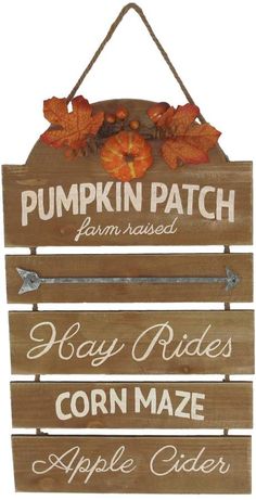 a wooden sign that says pumpkin patch farm raised and hay rides corn maze apple cider