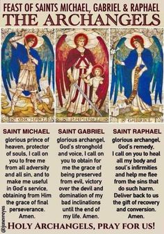 an old poster with the names of saints michael, rachel and raphaels on it