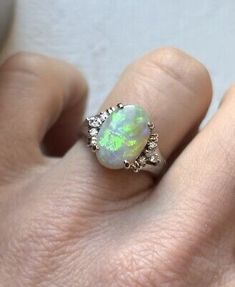 Vintage 2.67 ct Opal and Diamond ring, solid platinum, size 6.   | eBay Vintage Opal Wedding Rings, Unique Opal Ring, Opal And Diamond Ring, Unique Opal, Antique Jewelry Rings, Opal Wedding, Opal Wedding Rings, Ring Pictures, Delicate Details