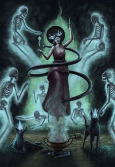 a woman in a red dress surrounded by skeletons and other demonic creatures, with her arms stretched out