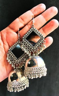 Mirror Jhumka, Silver Jhumka Earrings, Jhumka Design, Long Mirror, Antique Silver Jewelry, Silver Jewellery Indian