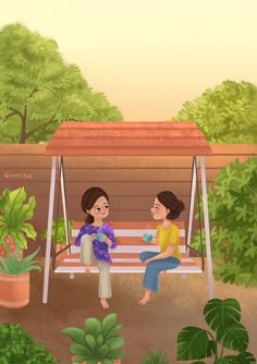 two women sitting on a swing talking to each other in a garden with green plants