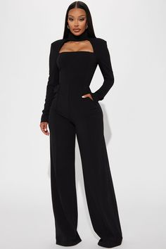 Available In Black. Jumpsuit Mock Neck Long Sleeve Shoulder Pads Seam Detail Hidden Back Zipper Wide Leg Inseam=34" Stretch 95% Polyester 5% Spandex Imported California Proposition 65 WARNING: Cancer and Reproductive Harm - www.P65Warnings.ca.gov. | Good To You Jumpsuit in Black size Large by Fashion Nova Wedding Black Attire Guest, Bridal Consultant Outfit Black, Business Jumpsuits For Women, Graduation Jumpsuit Outfit College, Black Jumpsuit Wedding Guest, Formal Outfits Black Women, All Black Elegant Outfit, All Black Outfit Dressy, Graduation Jumpsuit Outfit