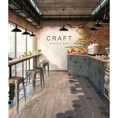 the interior of a coffee shop with wooden floors