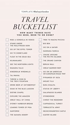 a travel checklist with the words travel bucket list on it in white and blue