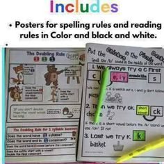 an open book with writing and pictures on the pages, which includes posters for spelling rules and reading rules in color and black and white