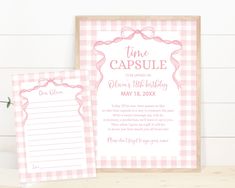 a pink and white gingham themed wedding stationery with the words time capsule on it