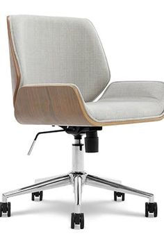 an office chair with wheels and a white upholstered fabric seat, viewed from the front