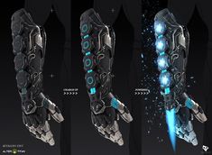 three different views of a sci - fi character's arm and hand with glowing blue lights