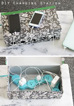 two pictures of an electronic device charging in a box