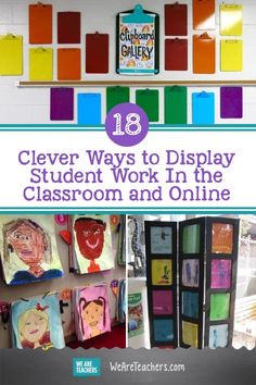 Art Display In Classroom, Hanging Classroom Art, Hanging Student Work In The Classroom, Classroom Art Display Wall Ideas, Classroom Anchor Charts Display, Art Classroom Hacks, Ways To Display Student Work, Art Wall Classroom, Classroom Art Display Wall