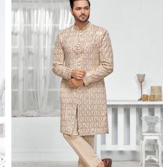 This is a premium sherwani Indo Western  by Groom Wear Studio crafted from high quality fabric and imported materials. Our products are handcrafted by experienced tailors who make sure the that the stitching is precise, lining is proper and the overall product is sturdy enough to not go out of shape for more than a few years. Also all our products have extra margins in their length, sleeves, sides so it's easily alterable if your size changes after some time. To see more available colours and de Groom Outfit Indian, Reception Dress Groom, Indo Western Men, Engagement Dress For Men, Western Men, Outfit Indian, Groom Sherwani, Sherwani Groom, Dress Engagement