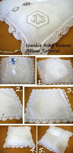 the instructions for how to make a pillow with lace trimming and appliques