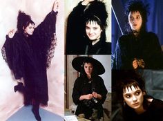 several pictures of the same woman in black clothing and hats, one with her arms outstretched