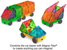 three colorful plastic cars with wheels on each one and the words combine the car bases with magna - tiles to create anything you can imagine