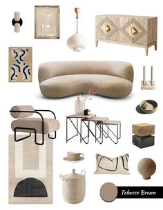 an assortment of modern furniture and decor items