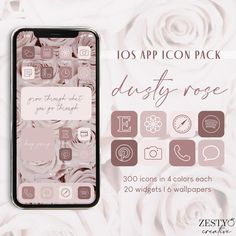 an iphone with roses on it and the text, 10 app icons dusty rose