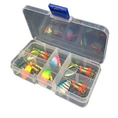 a plastic box filled with lots of different types of fishing lures