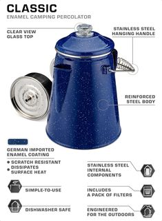 an image of a blue coffee pot with instructions on how to use it