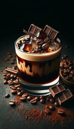 a glass filled with ice and chocolate on top of coffee beans