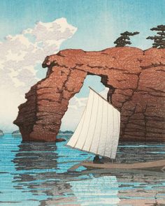 a painting of a boat in the water near a rock formation with trees on it