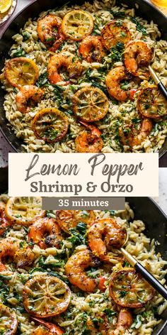 lemon pepper shrimp and orzo in a skillet