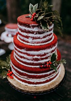 a red and white striped cake with holly on top