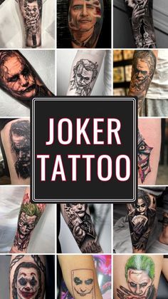 a collage of photos with different tattoos on their arms and legs, including the joker tattoo