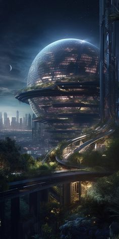 a futuristic city at night with an alien like structure in the foreground and a large moon above it