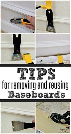 the steps to removing and reusing baseboards are shown in this collage with images