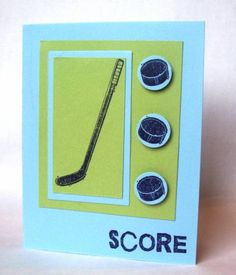 a greeting card with an image of a hockey goalie's stick and ball