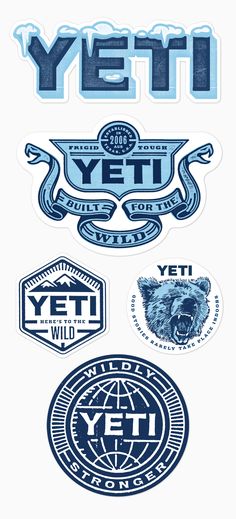 various stickers with the words yeti written in blue and white on top of each other