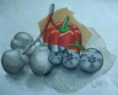 a pencil drawing of some fruit and vegetables